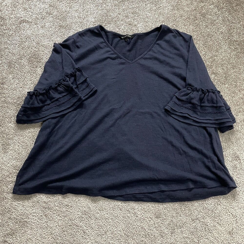 Zac & Rachel Blouse Womens 2XL Navy Blue V-Neck Ruffle Sleeve Stretch Casual Top